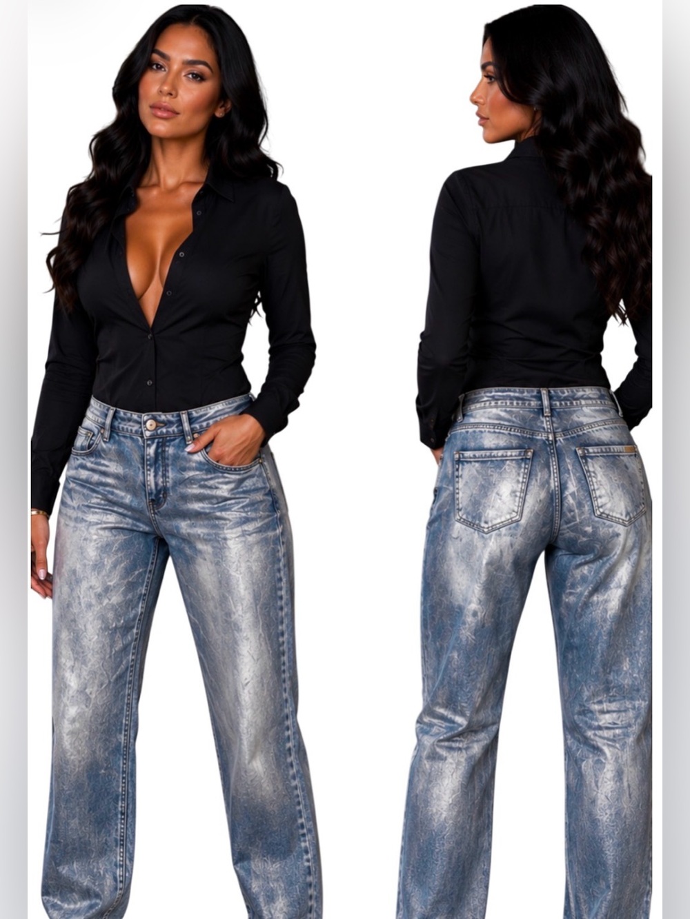 White House Black Market Blue Denim Silver Metallic Coated Jeans Size 10S